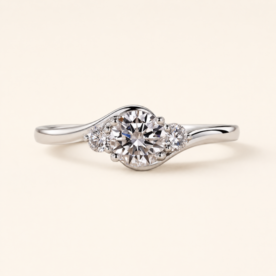 Serene Round Lab Grown Diamond Three-Stone Engagement Ring with Bypass Shank in White Gold