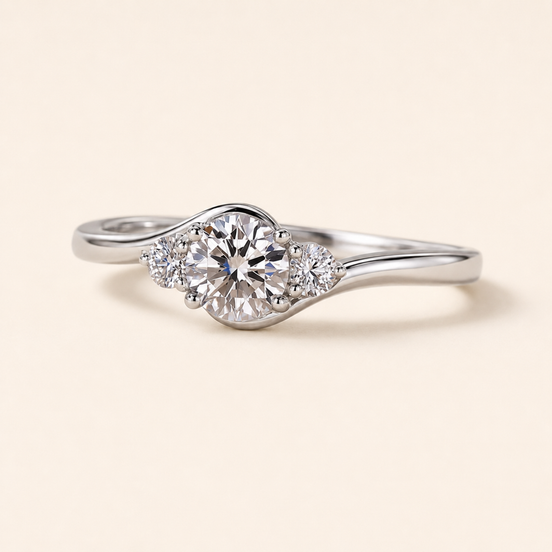 Serene Round Lab Grown Diamond Three-Stone Engagement Ring with Bypass Shank in White Gold