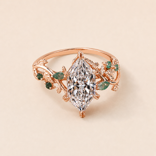 Evervine Dutch Marquise Lab Grown Diamond Engagement Ring with Leaf Vine Green Lab Grown Diamond Accents in Rose Gold