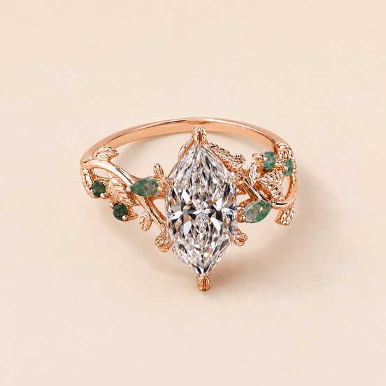 Evervine Dutch Marquise Lab Grown Diamond Engagement Ring with Leaf Vine Green Lab Grown Diamond Accents in Rose Gold