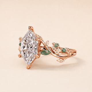 Evervine Dutch Marquise Lab Grown Diamond Engagement Ring with Leaf Vine Green Lab Grown Diamond Accents in Rose Gold