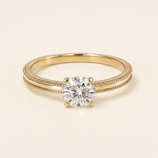 Celeste Round Lab Grown Diamond Pavé Engagement Ring with Milgrain Shank in Yellow Gold