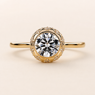 Heritage Round Lab Grown Diamond Bezel Engagement Ring with Vintage Milgrain Halo in Yellow Gold