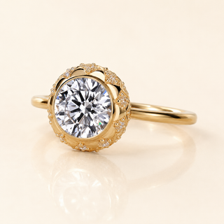Heritage Round Lab Grown Diamond Bezel Engagement Ring with Vintage Milgrain Halo in Yellow Gold
