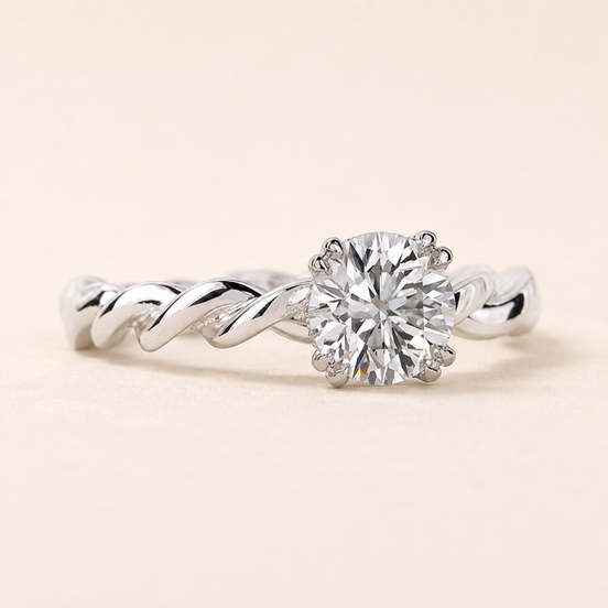 Infinity Round Lab Grown Diamond Hidden Halo Engagement Ring with Twisted Infinity Pavé Shank in White Gold