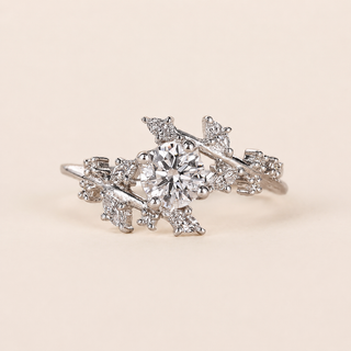 Bloom Round Lab Grown Diamond Nature Engagement Ring with Marquise Floral Clusters in White Gold