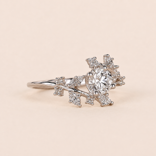 Bloom Round Lab Grown Diamond Nature Engagement Ring with Marquise Floral Clusters in White Gold