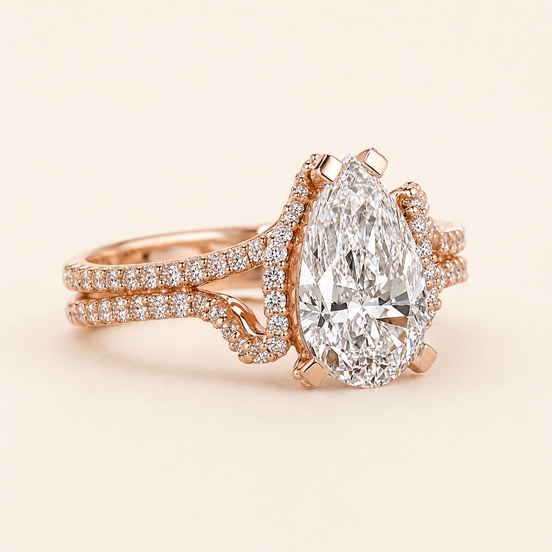 Pear Cut Lab Grown Diamond Split Shank Engagement Ring with Double-Row Micro Pavé in Rose Gold