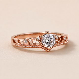 Heirloom Round Lab Grown Diamond Vintage Engagement Ring with Scrollwork Filigree Shoulders in Rose Gold