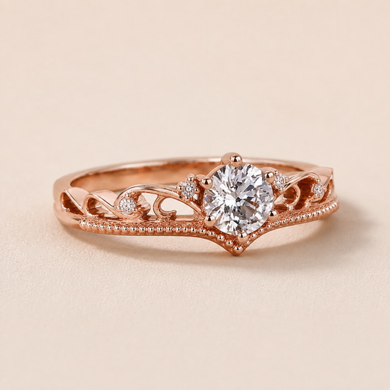 Heirloom Round Lab Grown Diamond Vintage Engagement Ring with Scrollwork Filigree Shoulders in Rose Gold