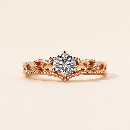 Heirloom Round Lab Grown Diamond Vintage Engagement Ring with Scrollwork Filigree Shoulders in Rose Gold