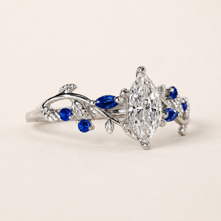 Everblue Dutch Marquise Lab Grown Diamond Engagement Ring with Blue Marquise Gemstone Vine Accents in White Gold