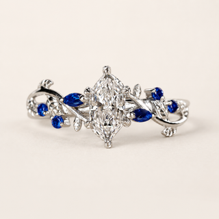 Everblue Dutch Marquise Lab Grown Diamond Engagement Ring with Blue Marquise Gemstone Vine Accents in White Gold