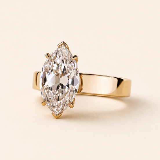 Regal Marquise Lab Grown Diamond Solitaire Engagement Ring with Wide Comfort Shank in Yellow Gold