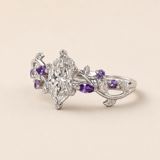 Amora Dutch Marquise Lab Grown Diamond Engagement Ring with Purple Gemstone Vine Accents in White Gold