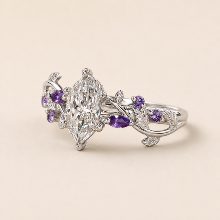 Amora Dutch Marquise Lab Grown Diamond Engagement Ring with Purple Gemstone Vine Accents in White Gold