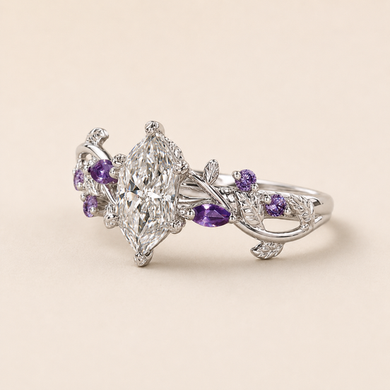 Amora Dutch Marquise Lab Grown Diamond Engagement Ring with Purple Gemstone Vine Accents in White Gold