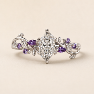 Amora Dutch Marquise Lab Grown Diamond Engagement Ring with Purple Gemstone Vine Accents in White Gold