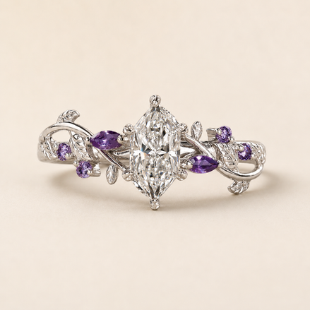 Amora Dutch Marquise Lab Grown Diamond Engagement Ring with Purple Gemstone Vine Accents in White Gold