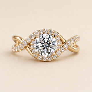 Round Lab Grown Diamond Twisted Halo Engagement Ring with Infinity Pavé Shank in Yellow Gold