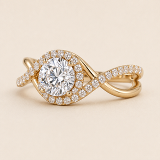 Round Lab Grown Diamond Twisted Halo Engagement Ring with Infinity Pavé Shank in Yellow Gold
