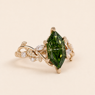 Verdant Dutch Marquise Green Lab Grown Diamond Engagement Ring with Leaf & Vine Diamond Shoulders in Yellow Gold