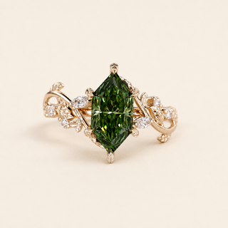 Verdant Dutch Marquise Green Lab Grown Diamond Engagement Ring with Leaf & Vine Diamond Shoulders in Yellow Gold