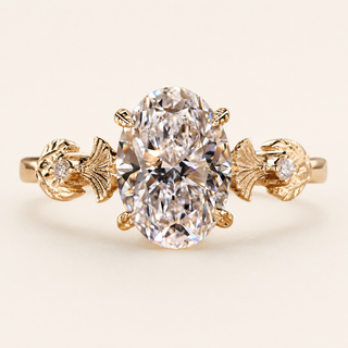 Aurora Oval Lab Grown Diamond Three-Stone Engagement Ring with Leaf Floral Side Clusters in Yellow Gold
