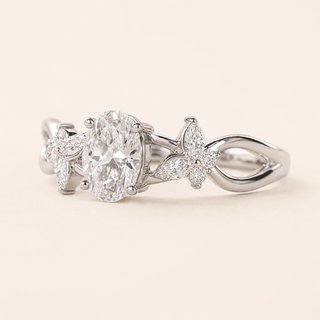 Evervine Oval Lab Grown Diamond Nature Engagement Ring with Leaf Floral Clusters in White Gold