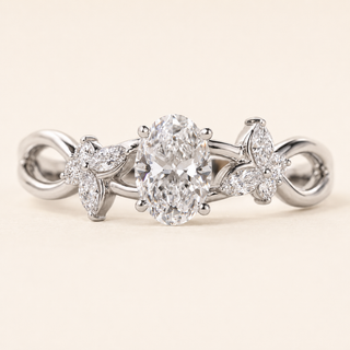 Evervine Oval Lab Grown Diamond Nature Engagement Ring with Leaf Floral Clusters in White Gold
