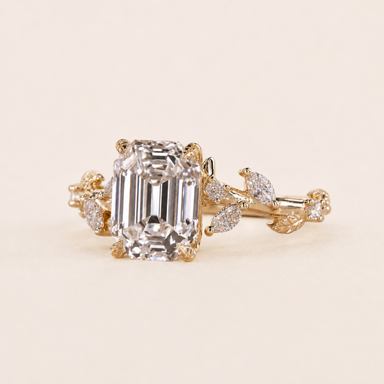 Aurora Emerald Lab Grown Diamond Three-Stone Engagement Ring with Leaf Diamond Clusters in Yellow Gold