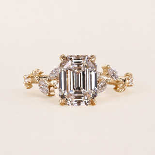 Aurora Emerald Lab Grown Diamond Three-Stone Engagement Ring with Leaf Diamond Clusters in Yellow Gold