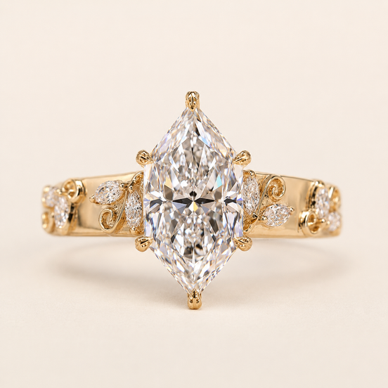 Heritage Dutch Marquise Lab Grown Diamond Engagement Ring with Vintage Scroll Diamond Shoulders in Yellow Gold