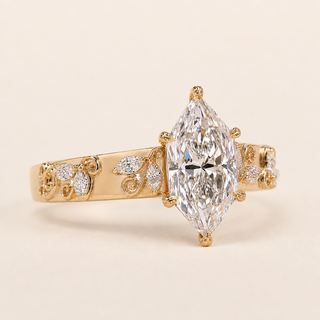 Heritage Dutch Marquise Lab Grown Diamond Engagement Ring with Vintage Scroll Diamond Shoulders in Yellow Gold