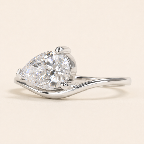 Modern Pear Lab Grown Diamond Solitaire Engagement Ring with East-West Bypass Shank in White Gold