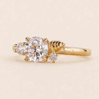 Heritage Round Lab Grown Diamond Three-Stone Engagement Ring with Leaf Diamond Clusters in Yellow Gold