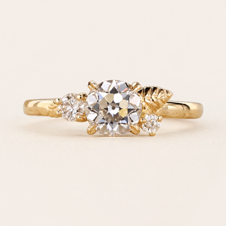 Heritage Round Lab Grown Diamond Three-Stone Engagement Ring with Leaf Diamond Clusters in Yellow Gold