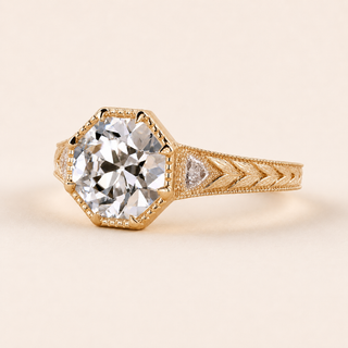 Heritage Octagon Lab Grown Diamond Vintage Engagement Ring with Trillion Side Diamonds in Yellow Gold