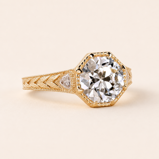 Octagon Lab Grown Diamond Bezel Engagement Ring with Engraved Cathedral Shoulders in Yellow Gold