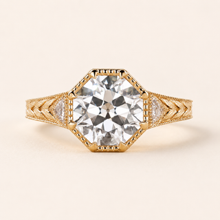 Octagon Lab Grown Diamond Bezel Engagement Ring with Engraved Cathedral Shoulders in Yellow Gold
