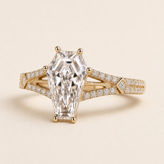 Phantom Coffin Lab Grown Diamond Split Shank Engagement Ring with Double Pavé Band in Yellow Gold