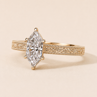 Dutch marquise lab grown diamond cathedral engagement ring in yellow gold with milgrain ocean-wave band