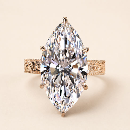 Marquise cut lab grown diamond vintage engagement ring in yellow gold with ornamental scroll shoulders