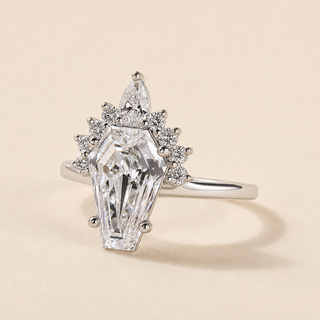 Coffin Cut Lab Grown Diamond Vintage Engagement Ring with Marquise Cluster Halo in White Gold