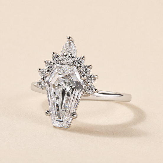 Coffin Cut Lab Grown Diamond Vintage Engagement Ring with Marquise Cluster Halo in White Gold