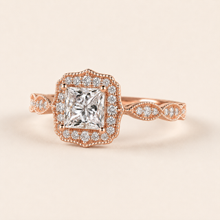 Princess cut lab grown diamond halo engagement ring in rose gold with double pavé halo and twisted shoulders