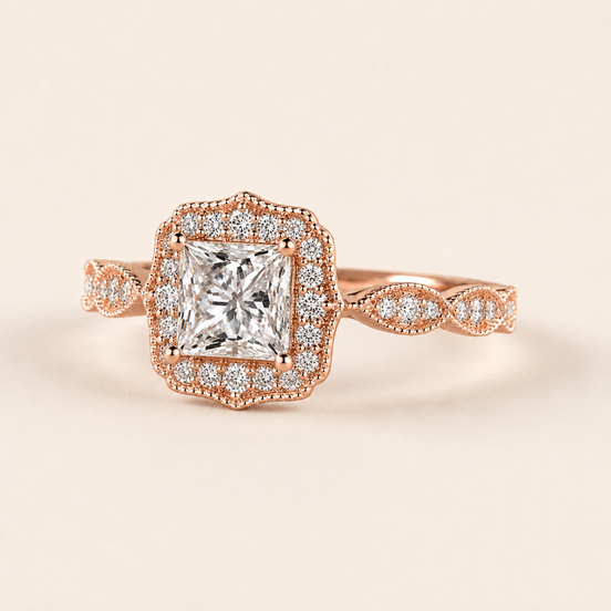 Princess cut lab grown diamond halo engagement ring in rose gold with double pavé halo and twisted shoulders