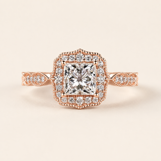 Princess cut lab grown diamond halo engagement ring in rose gold with double pavé halo and twisted shoulders