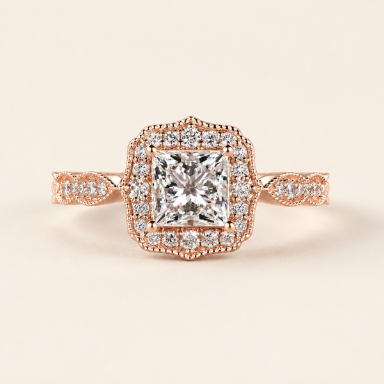 Princess cut lab grown diamond halo engagement ring in rose gold with double pavé halo and twisted shoulders