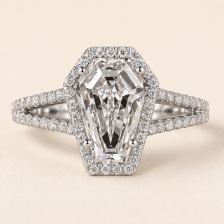 Coffin Cut Lab Grown Diamond Halo Engagement Ring with Double Split Pavé Shank in White Gold